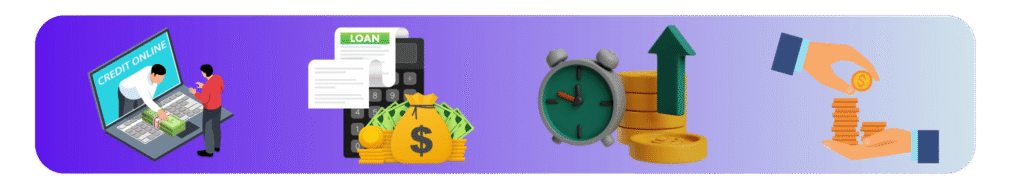 credito de consumo iconos con fondo morado y cuatro iconos de dinero y de créditos de consumo en 3d
