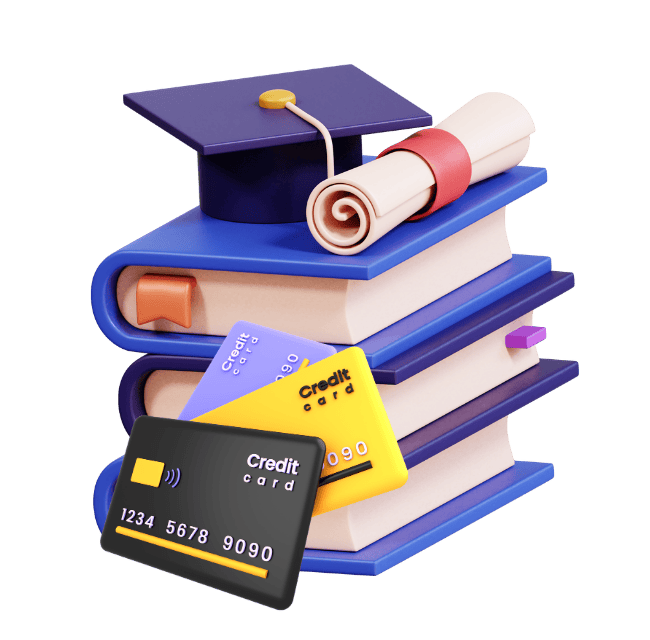 icono de libros universitarios y tres tarjetas de créditos para estudiantes