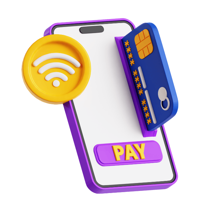 telefono morado con tarjeta virtual haciendo una compra