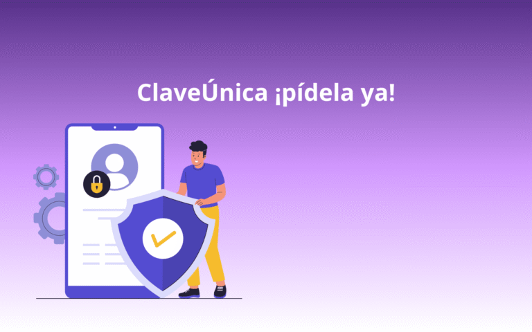 solicita tu claveunica, fondo morado con simbolo de seguridad