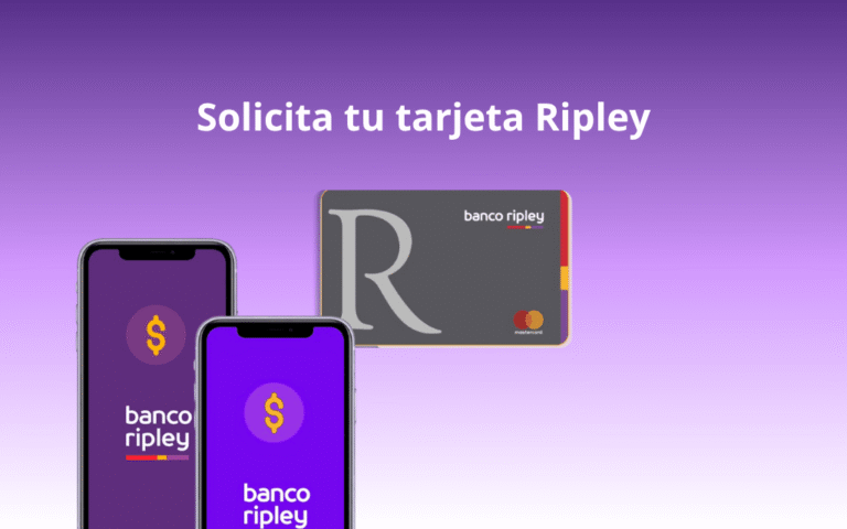aprende a solicitar tu tarjeta ripley con kroop, dos moviles con el logo de ripley una tarjeta y fondo color morado